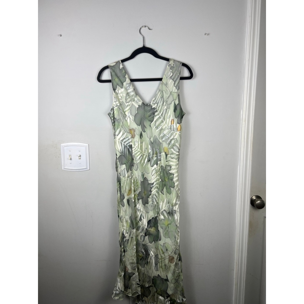 Simply Silk Dress M Green Floral Bias Cut Asymmetrical Midi Silk Blend Y2K Resor - Picture 5 of 6